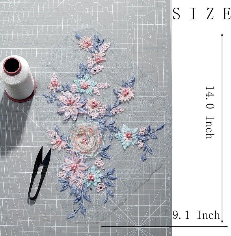 Silvora 3D Embroidered Flower Fabric Beaded Pearl Lace Applique, Handmade Sewing Tool for DIY Wedding Bridal Dress Floral Costume Patch Decor(Blue) - Image 4